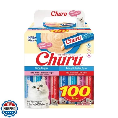 100 Tubes Churu Cat Treats Lickable Squeezable Creamy Purée wit Vitamin E 0.5oz - Image 1 of 4