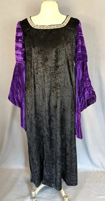 Black Purple Crushed Velvet Trumpet Sleeve Medieval Renaissance Dress Tunic 40" - Image 1 of 3