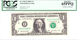 2003-A $1 FRN PCGS Gem New 65PPQ Fancy TRUE 0/1 BINARY Serial #E01111101B - Picture 1 of 2