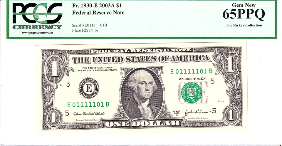 2003-A $1 FRN PCGS Gem New 65PPQ Fancy TRUE 0/1 BINARY Serial #E01111101B - Image 1 of 2