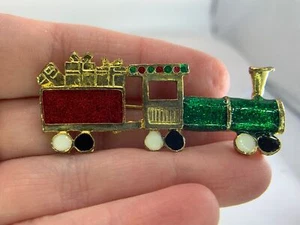 Christmas Choo-Choo Train Enamel Vintage Gold Pin Brooch M-0134* - Picture 1 of 3