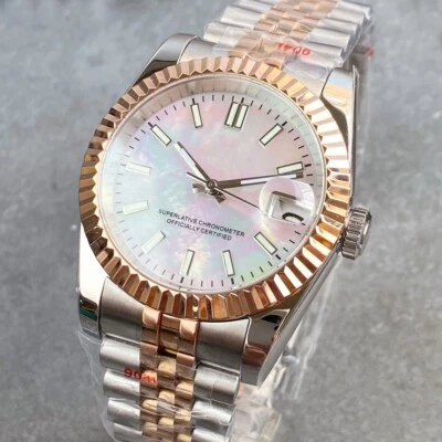 Rose Gold Silver 36MM NH35 Mother of Pearl Shell Dial Diver Automatic Watch Men - Image 1 of 4