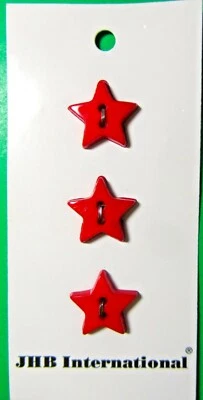 (3) VINTAGE JHB 5/8" 5-POINT STAR SHAPE RED PLASTIC 2-HOLE BUTTONS NOS CARD-W205 - Image 1 of 3
