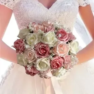 Wedding Bouquets, Ivory/pink shades/gypsophila & natural looking greenery - Picture 1 of 9