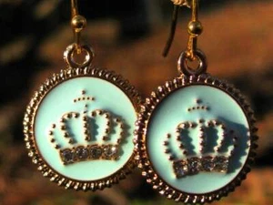 CROWN OF SPIRIT COMMUNICATION EARRINGS dangle enamel crowns turquoise blue - Picture 1 of 3