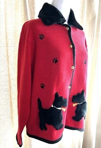 Crystal Kobe VINTAGE Med. Red Black Scottie Dog Cardigan Granny Cottage Core EVC - Picture 1 of 15