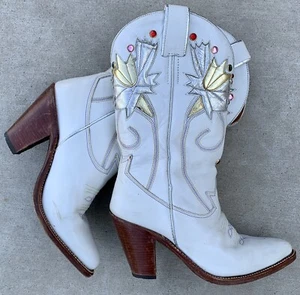 Vintage Cowboy Boots White Leather Faux Gems Mora Cowgirl Western Cowgirl sz 5.5 - Picture 1 of 24