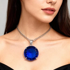 Ciondolo Argento Massiccio 925 Zaffiro Blu Naturale 75,85 Ct Certificato Gemma Tonda - Foto 1 di 5