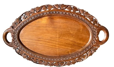 Vintage 1900s Carved  Oval Wooden Serving Drinks Tray Twin Handles - Image 1 of 4