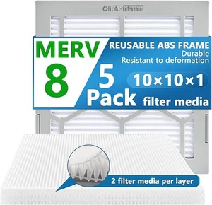 Air Filter - Furnace/HVAC, 10 x 10 x 1, MERV 8 - 5-Pack W/Reusable ABS Frame - Picture 1 of 7
