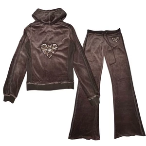 Y2K Twisted Heart Velour Trainingsanzug Gr.S braun Perlen bestickt ausgestelltes Bein Boho - Bild 1 von 20