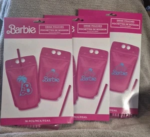 NEW Barbie Drink Pouches Party Beverage Bags Straws Pink 3 Pack 24 Sets - Picture 1 of 8