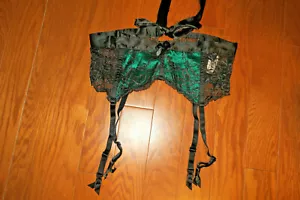 L/ M VICTORIA SECRET VERY SEXY SATIN LACE GREEN GARTER VINTAGE EMBELLISHED GOLD - Picture 1 of 5