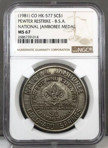 SC$1 (1981) CO HK-577 PEWTER RESTRIKE - B.S.A. NATIONAL JAMBOREE MEDAL NGC MS67 - Picture 1 of 4