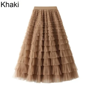 Ladies Layered Ruffled Mesh Skirt Pleated Tiered Tulle High Waist Half Dress Bar - Picture 1 of 38