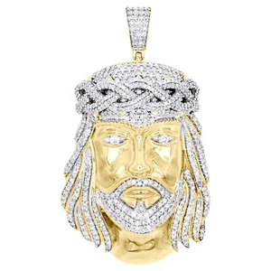 10K Yellow Gold Round Diamond Jesus Head Pendant 2" Statement Pave Charm 2.25 CT - Picture 1 of 6