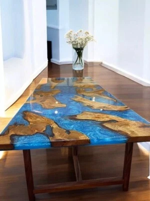 48英寸x24英寸蓝色环氧树脂中心沙发咖啡桌手工制作木制活边装饰 — 第 1/4 张图片
