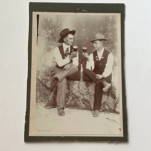 Antique Cabinet Card Photograph Men Handsome Cowboy Toasting Beer Hat Wild West - Picture 1 of 9