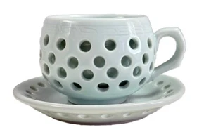 Vintage Porcelain Asian Celadon Pierced Double Walled Cup & Saucer Set - Picture 1 of 6