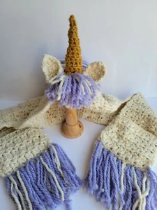 Unicorn Hat Hooded Scarf w Hand Warm Pockets Handmade White Purple Cosplay Furry - Picture 1 of 12