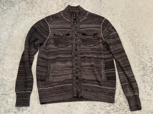 Guess Cardigan Sweater Mens M Rib Knit Full Zip Mock Neck Button Pocket Gray - Picture 1 of 5
