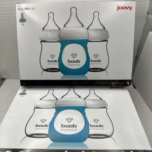 6 NEW Joovy CleanFlow Boob Diamond Glass Baby Bottles 5oz With Blue Sleeve - Picture 1 of 4