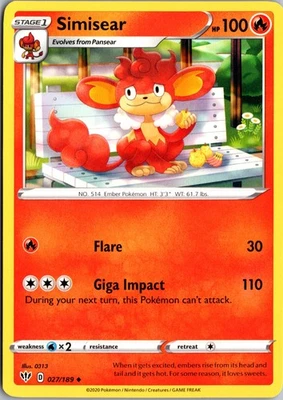 Simisear Normal Uncommon SWSH03: Darkness Ablaze 027/189 NM - Image 1 of 2