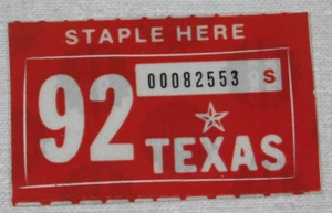 1992 Texas passenger car license plate sticker - Picture 1 of 1
