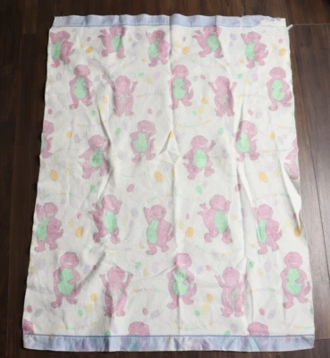 Vintage Barney Baby Blanket 57 x 43 Polyester Blend *Satin Trim Lyrics 1990's - Image 1 of 4