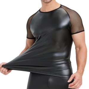 Camisetas de hombre de manga corta con cuello redondo ajustadas camisetas de club nocturno de imitación de cuero - Imagen 1 de 11