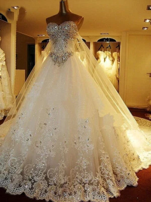 High Quality Crystal Sparkle Wedding Dresses Detachable Back Train Bridal Gown - Image 1 of 4