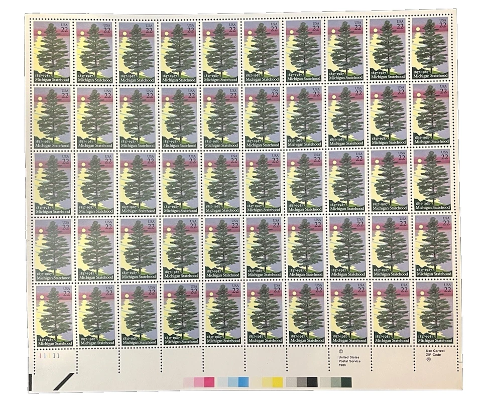 Full Sheet of 50 USPS 22 cent stamps Michigan Statehood 150 years 1837-1987 MNH - Image 1 of 1
