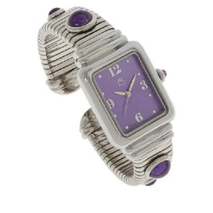 HSN Colleen Lopez Stainless Steel Amethyst Gemstone Dial Cuff Watch - Picture 1 of 1