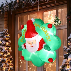 4 FT Lighted Christmas Inflatable Santa with Wreath Broke Out from Window Decor - Picture 1 of 8
