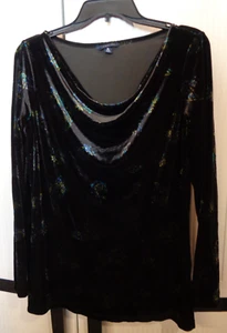 WOMEN'S LANDS' END MEDIUM L/S PULLOVER BLACK BLOUSE FLORAL DESIGN POLYESTER TOP - Picture 1 of 8