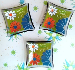 3 Vintage Glass MCM Howdy From Florida Smoke Trays Flower Power Trinket Dish - Picture 1 of 3