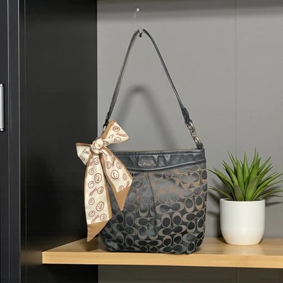 Coach Ashley Bag F20111 Black Leather Brown Sateen Signature C Convertible Purse - Image 1 of 4