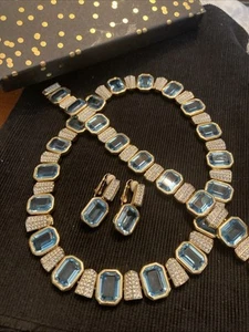 Swarovski Signiert 3 Stk. Set Full Cut Aquarmamin Baguette & klare Pave Kristalle - Bild 1 von 7