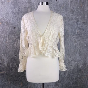 Damen Größe L Beige Spitze Cropped Jacke Cover Up Rüschensaum Landhaus Kern Boho - Bild 1 von 5