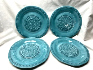 Set of 4 IL Mulino NY Melamine Turquoise / Teal Blue 9" Medallion Salad Plates - Picture 1 of 6