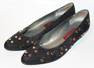 Scarpa vintage Van Eli donna 9,5 N nera pelle scamosciata borchie oro tacco basso Vaneli - Foto 1 di 7