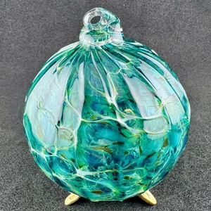 Hand Blown Glass Orb 3.75” Green, White, Yellow & Black Christmas Ornament - Picture 1 of 6
