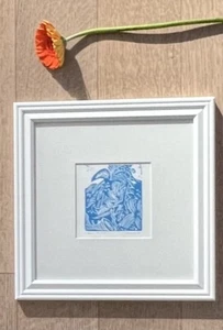 NEW! Large signed, framed and Matted Linocut Print Of Blue Art Deco Orchid - Picture 1 of 12