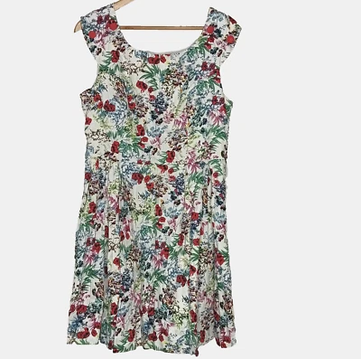 Caroline Morgan Floral Fit Flare Dress Size 14 Cap Sleeve Pleated  Work Party - image 1 of 4