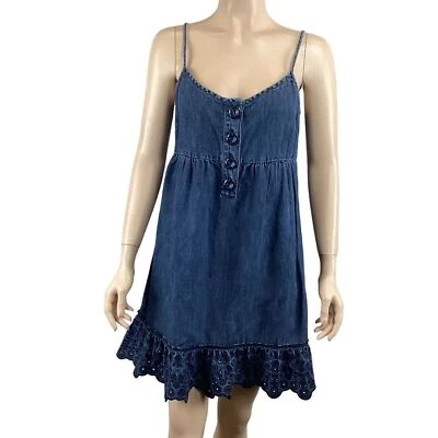 Vestido Juicy Couture Mezcla de Lino Talla 4 Denim Sensación Ojales Bordado Bordado Foto 1 de 4