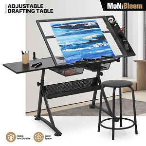 Drafting Table Adjustable Tempered Glass Art Craft Drawing Work Station w/Stool