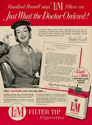 1954 L&M Cigarettes Tobacco Antiguo Anuncio Impreso Rosalind Russell Ordenado por el Doctor Foto 1 de 4