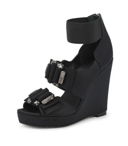 TORY BURCH PERAH BLACK SATIN CRYSTAL EMBELLISHED WEDGE SANDALS US 5 I LOVE SHOES - Picture 1 of 11