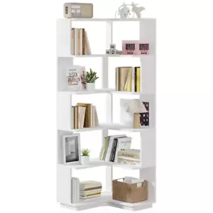 65" White 6-Shelf Corner Bookcase Bookshelf w/ Anti-Drop Panel NEW - Picture 1 of 12