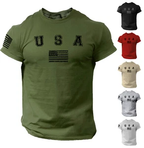 USA Flag Men College Shirt Patriotic Gym American 100% Cotton - Picture 1 of 8